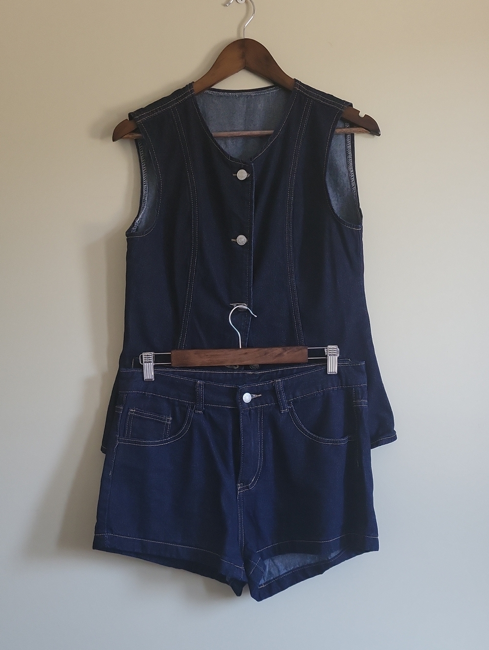 Musera Denim Button Vest & Shorts Matching Set In Indigo Dark Wash, Size 29
